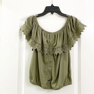 NOBO No Boundaries olive green off the shoulder lace top